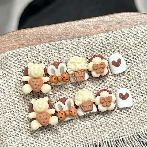 Cute 3D Handmade Press On Nails Mocha Brown Creamy Bear Rabbit Cupcake Sweet Cartoon For Girls Children