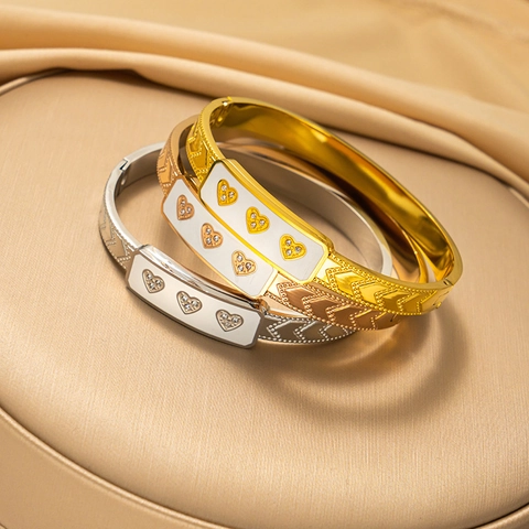 Fashion Stainless Steel Heart Inlaid Rhinestone Enamel Bangle For Women Gold Silver Rose Gold Plated Cuff Bracelet Jewelry
