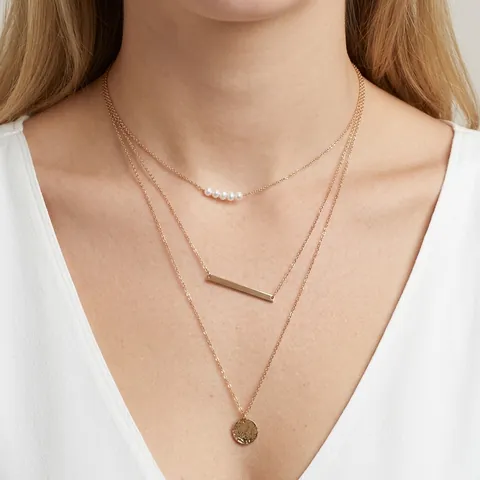Layered Stainless Steel Artificial Pearl Necklace For Women 3-Layer Geometric Bar Round Disc Pendant Fashion Jewelry Necklace