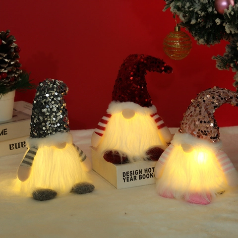 Christmas Sequins Glowing Gnome Doll Santa Faceless Rudolph Ornament Plush Figurine With LED Light Home Holiday Party Decor