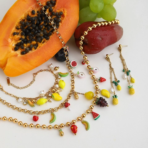 Colorful Fruit Jewelry For Women 18K Gold Plated Stainless Steel Necklace Bracelet Earrings With Artificial Baroque Pearl Summer Style
