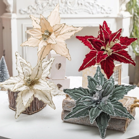 Artificial Christmas Poinsettia Flowers Velvet Glitter Sequin Sparkle Decor For Xmas Tree Wedding Home Party Ornaments
