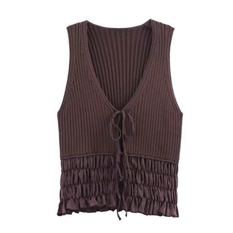 Stricktop Mit Rüschensaum Und V-Ausschnitt Zum Binden Ärmellose Schmale Kurze Strickweste Für Damen
