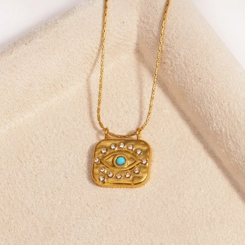 Collana Con Pendente Quadrato Malocchio Acciaio Al Titanio Placcato Oro 18K Turchese Strass Gioielli Vintage Donna