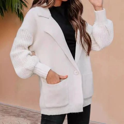 Women Knitted Cardigan Sweater Long Sleeve Lapel Collar Single Button Pocket Casual Loose Outwear Soft Solid Color