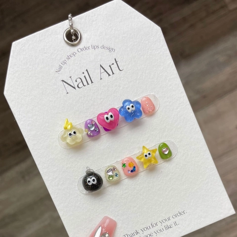 Handmade 3D Press On Nails For Kids Cartoon Dopamine Colors Resin Fake Nail Tips With Eyes And Hearts Decor Kawaii Style