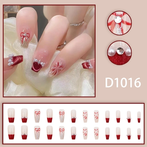 Faux Ongles À Presser Long Cercueil Oeil De Chat Rouge Vin Avec Künstliche Perles Noeuds Ongles Artificiels Pour Manucure DIY