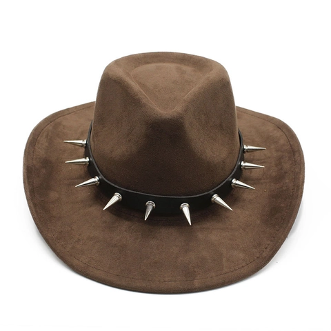 Chapeau De Cow-Boy Occidental Daim Bord Large Avec Pointes Métalliques Bande Cuir Cloutée Style Punk Rock Pour Hommes Femmes