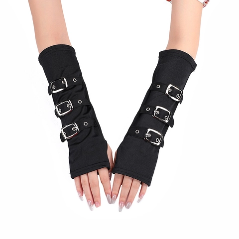 Punk Long Fingerless Gloves Polyester Arm Warmers With Metal Buckles Gothic Streetwear For Party Cosplay Black