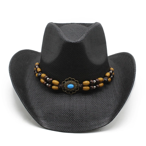 Cappello Da Cowboy In Paglia Con Perline In Legno E Finto Turchese Tesa Larga Protezione Solare Bohemien Retro Spiaggia