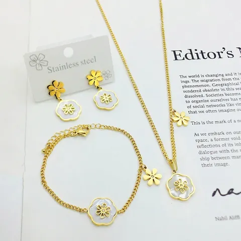 Mother Of Artificial Pearl Flower Jewelry Gold Plated Stainless Steel Daisy Necklace Bracelet Earrings For Women Minimalist