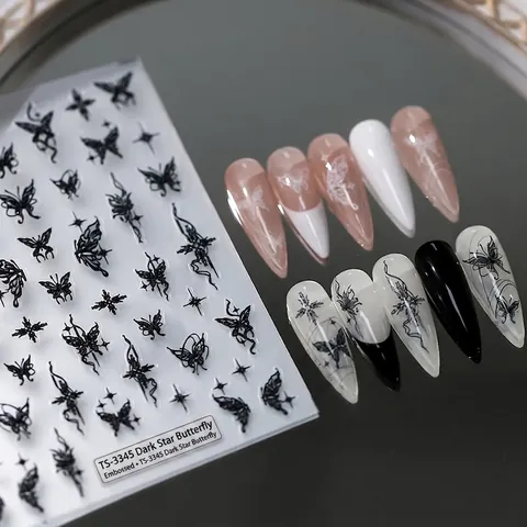 Butterfly Nail Art Stickers 5D Relief Stereoscopic Self Adhesive Black White Manicure DIY Decoration Stars