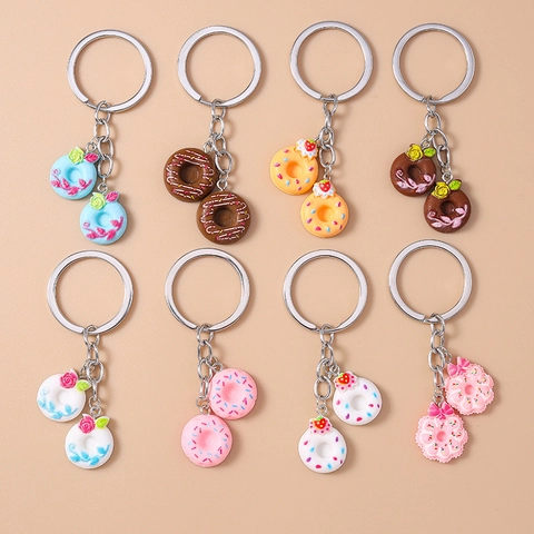 Porte-clés Créatif en Forme de Beignet Simulation de Nourriture Pendentif de Sac en Résine Mignon Anneau de Clé en Métal pour Femmes