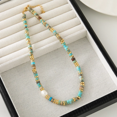 Collier en Perles de Pierre Naturelle pour Femmes Avec Perle d'Eau Douce Fait à la Main Cuivre Plaqué Or Style Jaspe Turquoise Bijoux de Mode
