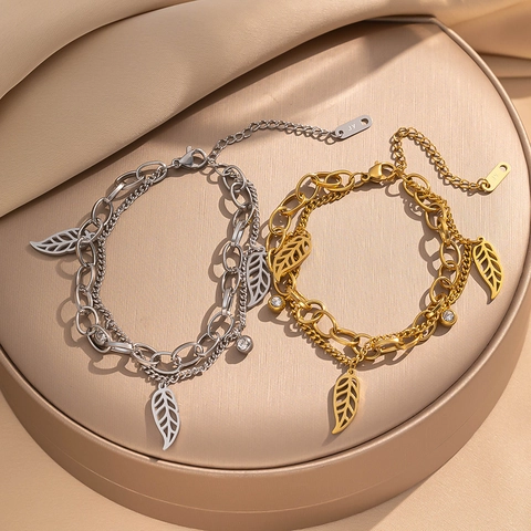 Pulsera De Doble Capa De Acero Inoxidable Colgante De Hoja Diamantes De Imitación Incrustados Joyería De Moda Minimalista Estilo Chic Regalo Mujer