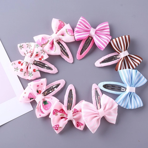 Kids Hair Clips Fabric Ribbon Bow Barrettes Strawberry Cherry Striped Patterns Cute Sweet Hair Accessories For Girls