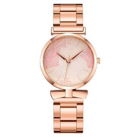 Women Fashion Quartz Watch Rose Gold Metal Strap Leaf Printed Dial Analog Wristwatch Elegant Casual Lady