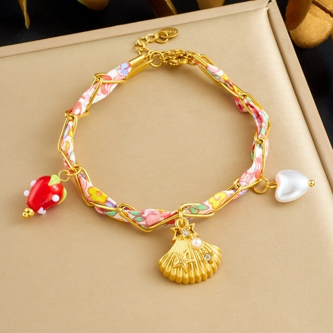 Bracciale In Acciaio Inossidabile Intrecciato Con Tessuto Floreale E Ciondoli Coccinella Perla Artificial Conchiglia Gioielli Boho