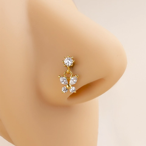 Nose Stud Stainless Steel L-Shaped Bar Cubic Zirconia Butterfly Dangle Piercing Jewelry Elegant For Women