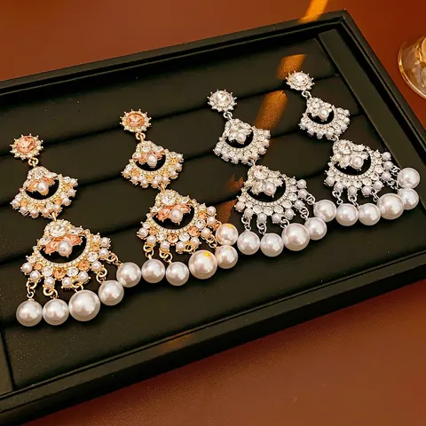 Pendientes Borla Perlas Artificiales Araña Aleación Diamante Imitación Forma Abanico Estilo Corte Retro Joyería Con Poste Plata