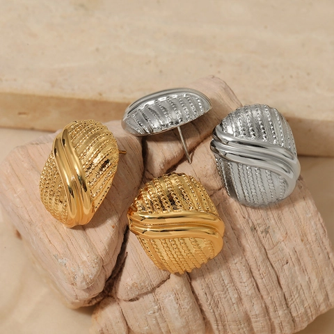 Retro Textured Oval Stud Earrings Stainless Steel PVD Gold Plated Ribbed Woven Design Minimalist Jewelry For Women