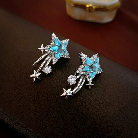 Blue Zircon Star Ear Hook Earrings With Steel Earring Post Pentagram Shooting Star Dangle Tassel Elegant Fashion Women