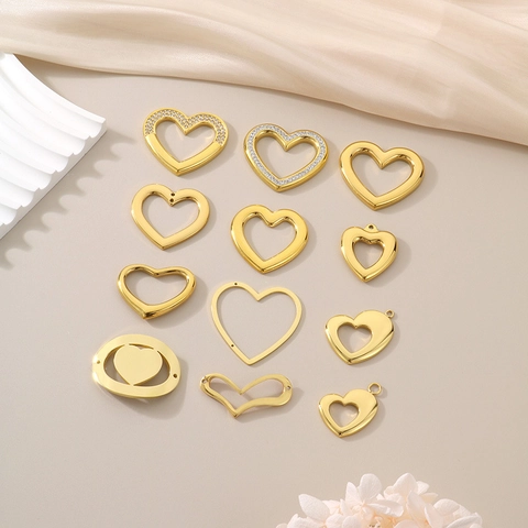 Ciondoli A Forma Di Cuore Acciaio Inossidabile Placcato Oro Cavo Strass Produzione Di Gioielli Accessori Fai Da Te