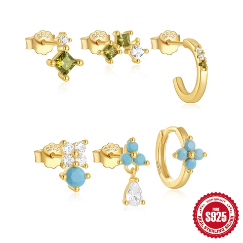 925 Sterling Silver Earring Post Studs And C Shaped Hoops Turquoise Zirconia Flower Droplet Fashion Jewelry For Women