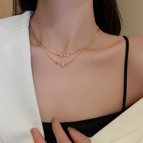 Collana A Doppio Strato Con Künstliche Perle Sirena Oro Rame Catena A Serpente Perla Artificial Iridescente Girocollo Retrò Per Donna