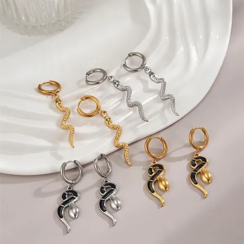 Snake Pendant Hoop Earrings Copper With Green Cubic Zirconia And Black Enamel Irregular French Vintage Style For Women
