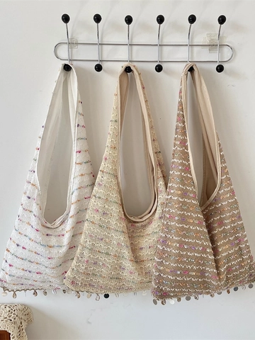 Bolso De Hombro De Punto Crochet Bohemio Gran Capacidad Tote Rayas Con Decoración Conchas Lentejuelas Mujeres Vacaciones