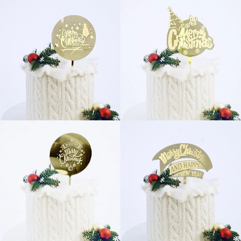 Merry Christmas Cake Topper Acrylic Mirror Gold Silver Tree Bell Reusable Party Decoration Holiday Dessert