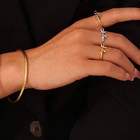 Bowknot Ring And Minimalist Bangle Jewelry Set Stainless Steel PVD Gold Plated Ins Style Elegant Jewelry For Women