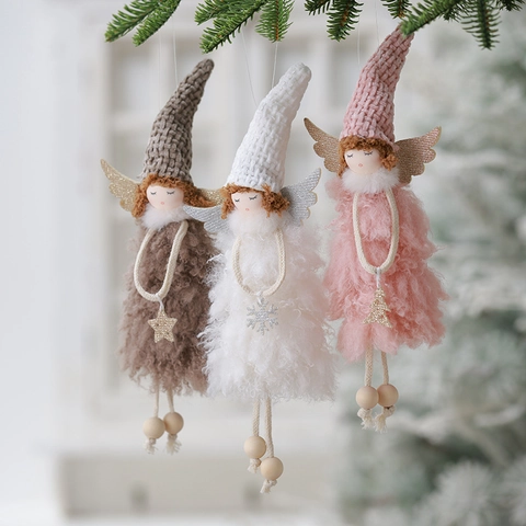 Angelo Di Natale Bambola Di Peluche Ornamenti Da Appendere Cappello Lavorato A Maglia Ali Glitterate Gambe Con Perle Di Legno Decorazione Albero