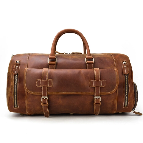 Vintage Genuine Leather Duffel Bag Large Capacity With Shoe Compartment Retro Travel Weekend Bag For Men Business Trip