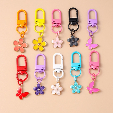 Llavero de Metal Dulce con Flor y Mariposa de Esmalte Colgante Floral Colorido para Mujer Niña Mochila Bolso Decoración Accesorio Regalo