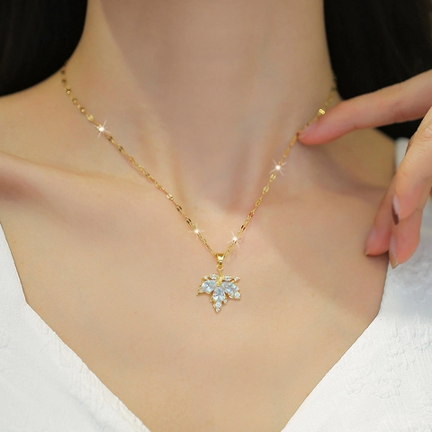Maple Leaf Zirconia Necklace And Earrings Gold Plated Copper Stainless Steel Chain Silver Earring Post Elegant Women Jewelry