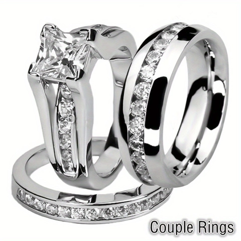 Princess Cut Square Cubic Zirconia Stainless Steel Wedding Engagement Rings For Couples Fashion Classic Jewelry