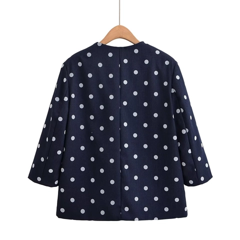 Dames Polka Dot Tweed Jas Vintage Ronde Hals Gouden Knopen Elegant Marineblauw Lange Mouw Bovenkleding Mantel Top