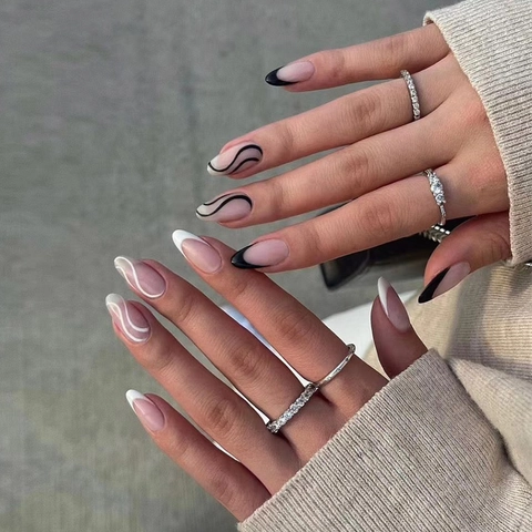 Künstliche Fingernägel Mandelform Französisch Schwarz Weiß Tipps Rosa Basis Abstrakte Wellenlinien Glänzend Minimalistisch Mode Für Frauen