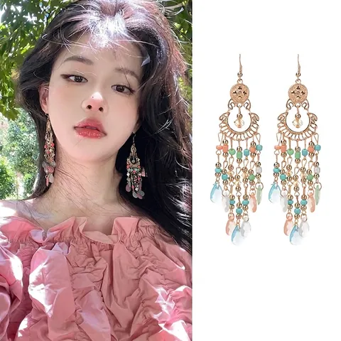Pendientes Colgantes Plumas Bohemios Con Poste Plata Ley 925 Etnicos Gota Agua Cuentas Moda Para Mujeres