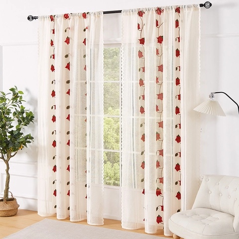 Christmas Sheer Lace Curtains Embroidered Poinsettia Bell Santa Rod Pocket Window Drapes Holiday Home Decor