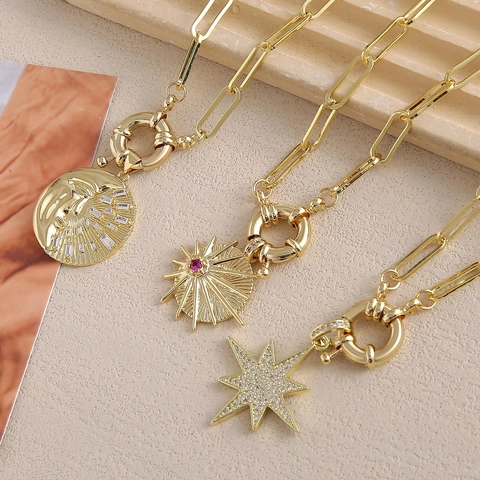 Collana a Catena in Rame Vintage Placcata Oro 18K Pendente Sole Luna Stella Gioielli con Zirconi per Donna Uomo Regalo