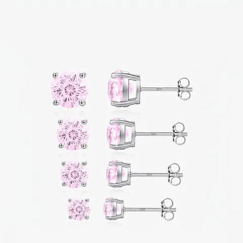 925 Sterling Silver Stud Earrings With Round Pink Zirconia Four Prong Sparkling Minimalist Jewelry For Women