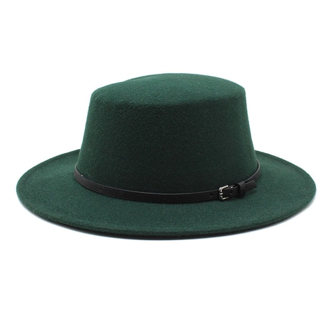 Flat Top Boater Hat Wool Felt British Style Wide Brim With Belt Buckle Decor Unisex Vintage Jazz Cap