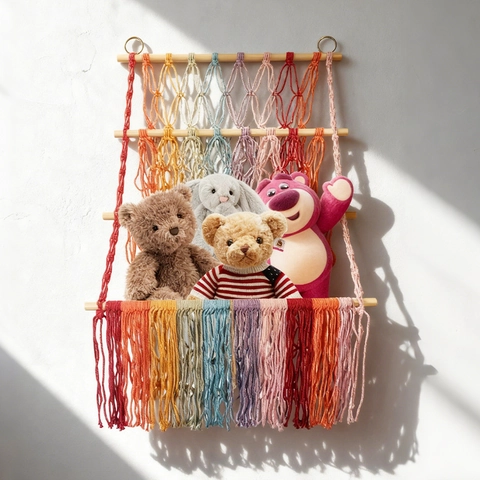 Handmade Macrame Wall Hanging Plush Toy Organizer Cotton Rope Woven Multi Tier Storage Shelf Bohemian Fringe Home Decor