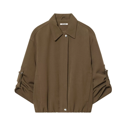 Women Bomber Jacket Brown Lapel Long Sleeve Casual Streetwear Short Outerwear Elastic Hem Metal Buckle Polyester