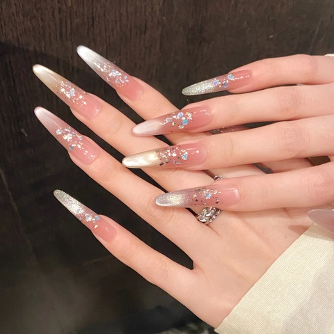 Handmade Press On Nails Pink Gradient Cat Eye Shimmer Glitter Sequins False Nails For Women Elegant Luxury Manicure