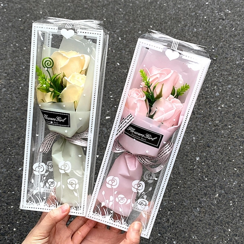 Artificial Soap Flower Bouquet Rose Carnation Floral With Transparent Gift Packaging Valentine Mother Day Anniversary Gift Novelty