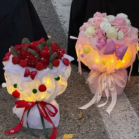 Christmas Glowing Bouquet Packaging Paper LED Light Pom Pom Gift Wrapping Cellophane DIY Floral Materials Decor Atmosphere